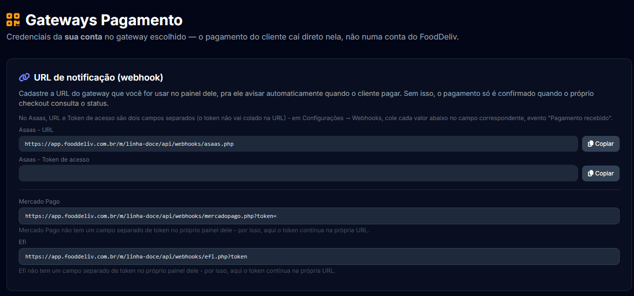 Configuração dos gateways de pagamento no painel do lojista