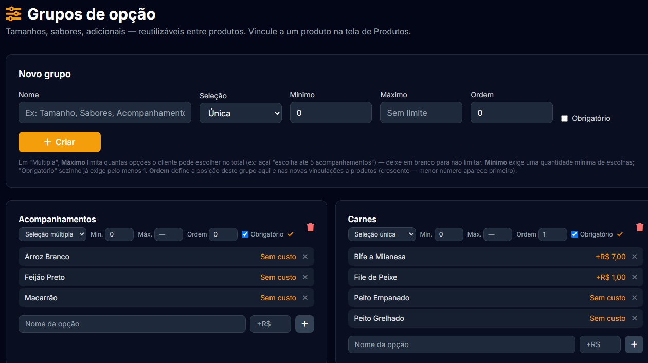 Sabores e adicionais no painel do FoodDeliv